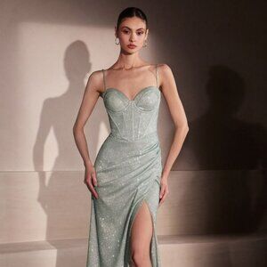 New Formal Glitter Chiffon Dress w/ Sweetheart Neckline & Sexy Leg Slit CD T707